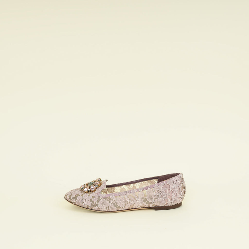 Dolce & Gabbana Lilac Bellucci Crystal Embellished Lace Flat Ballerina 40.5