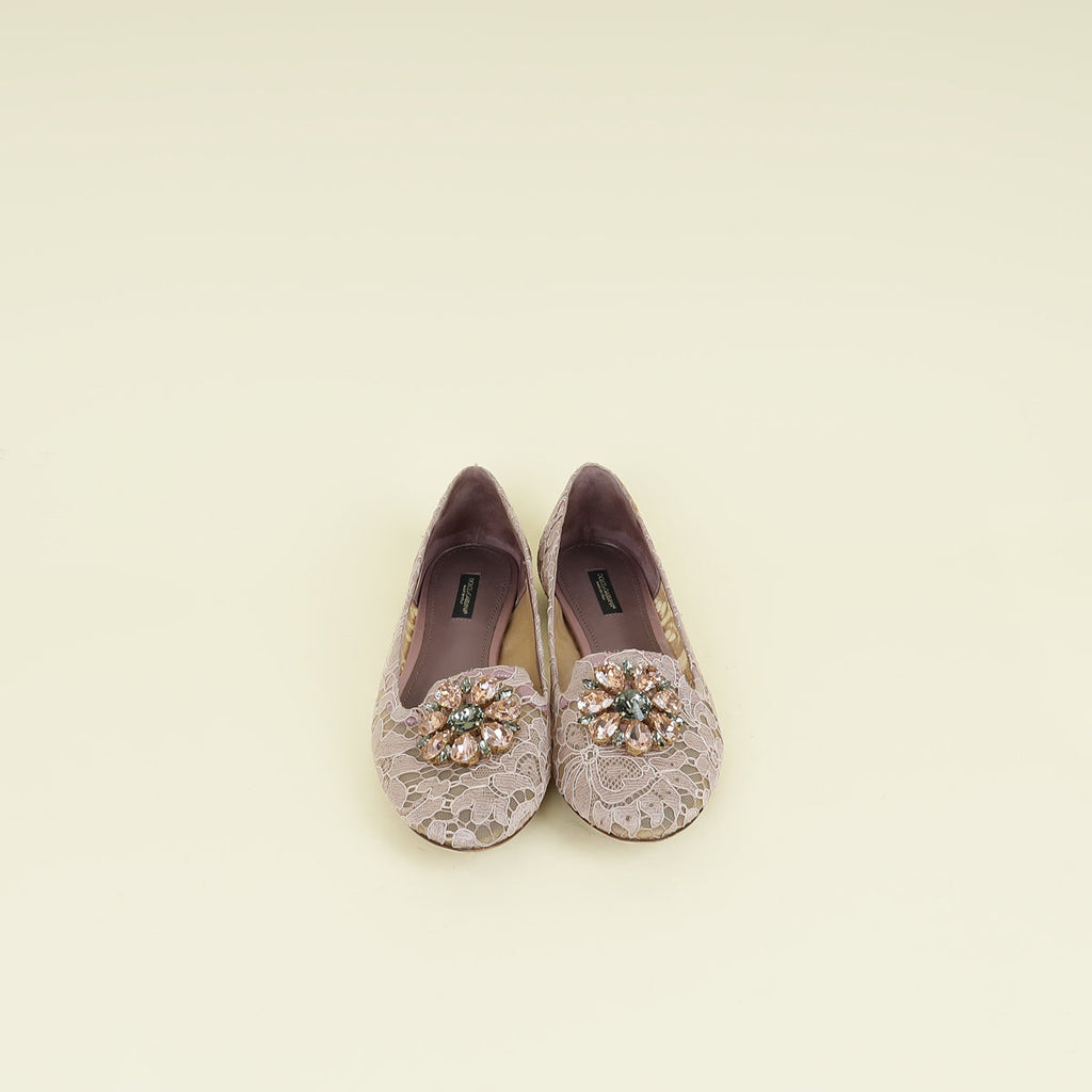Dolce & Gabbana Lilac Bellucci Crystal Embellished Lace Flat Ballerina 40.5
