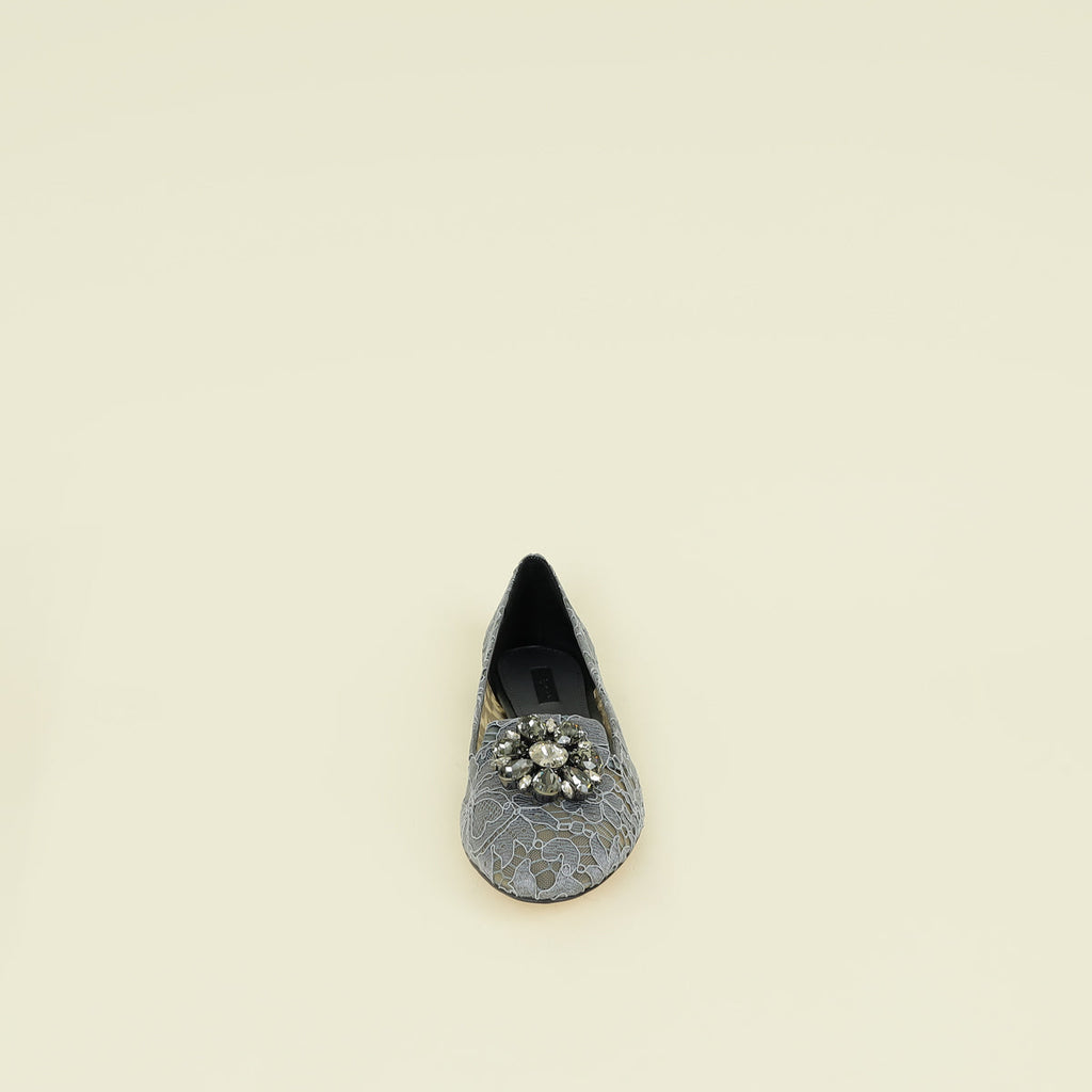 Dolce & Gabbana Grey Bellucci Crystal Embellished Lace Flat Ballerina 40.5