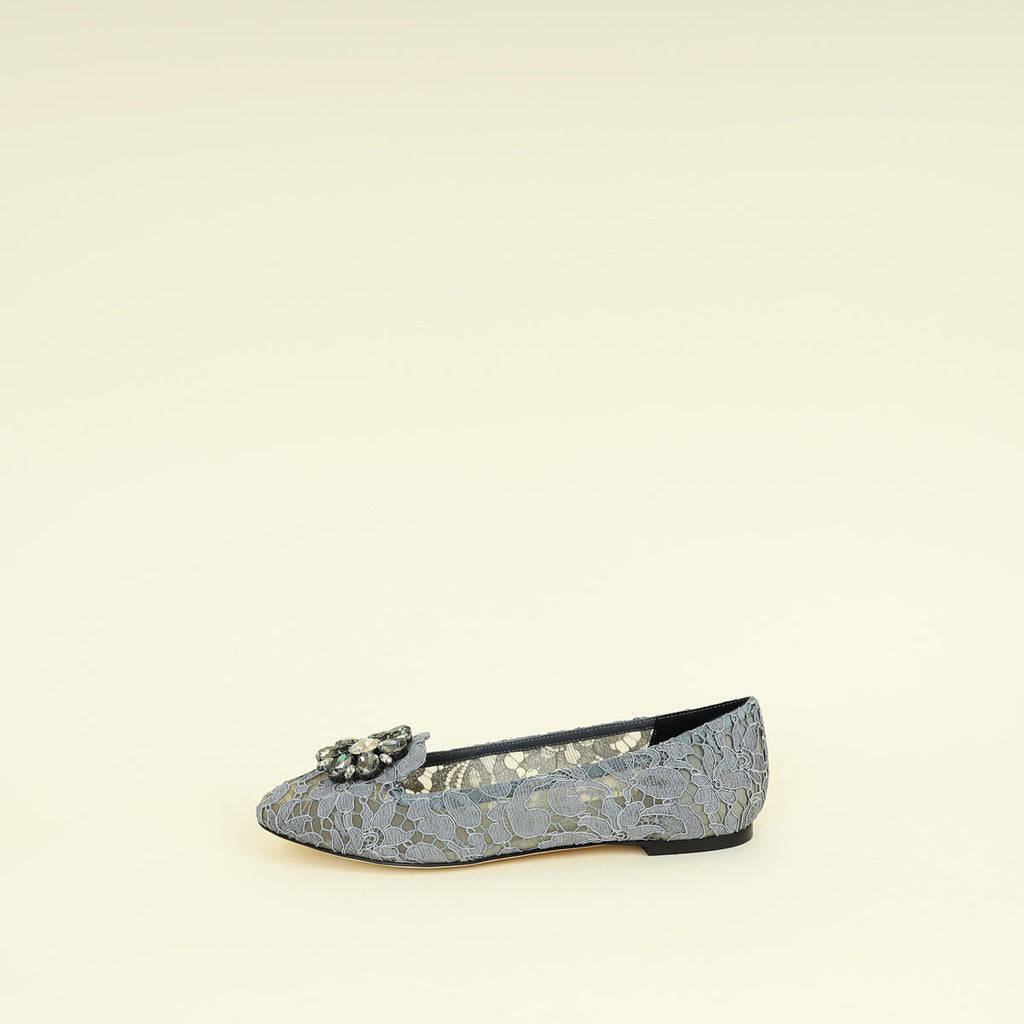 Dolce & Gabbana Grey Bellucci Crystal Embellished Lace Flat Ballerina 40.5