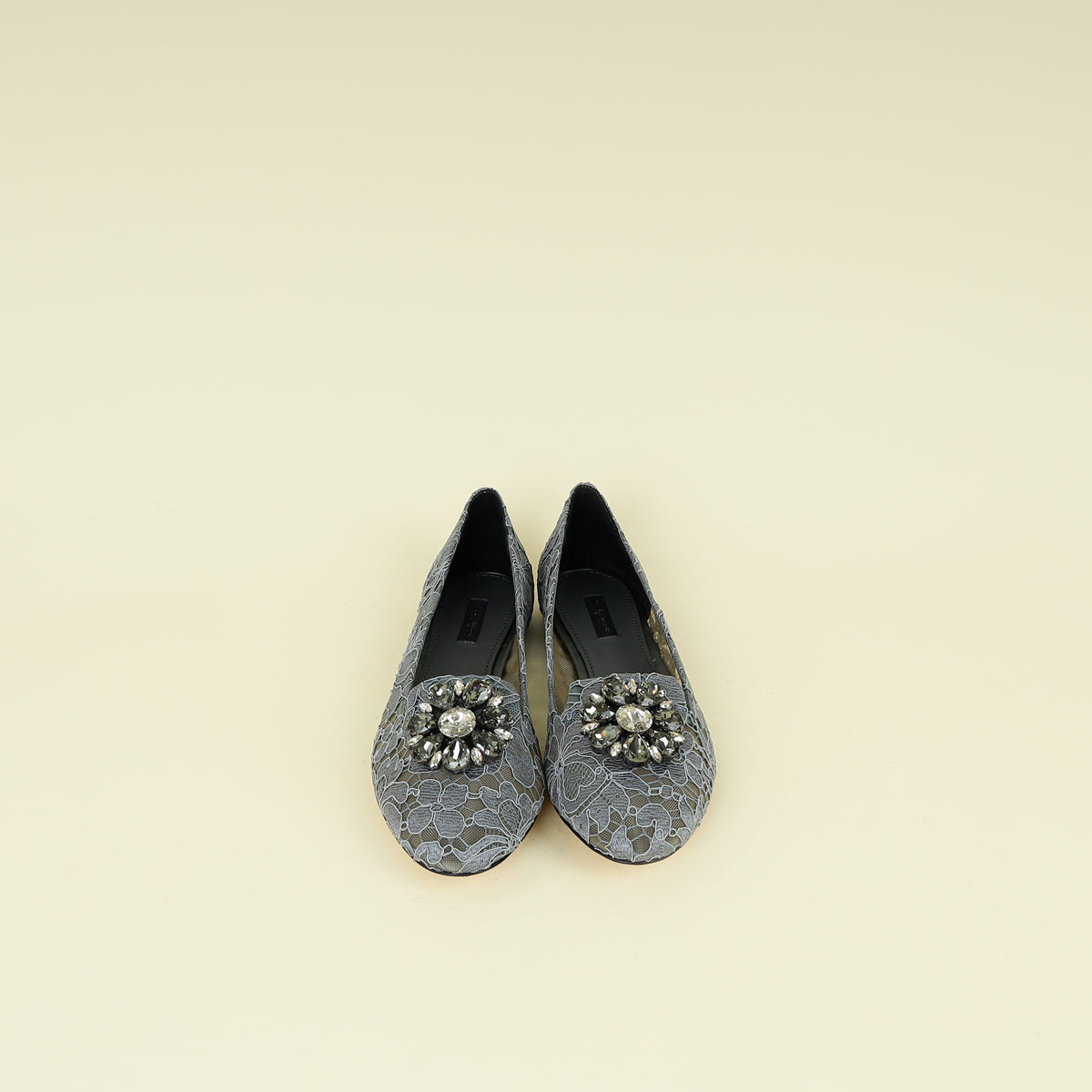 Dolce & Gabbana Grey Bellucci Crystal Embellished Lace Flat Ballerina 40.5