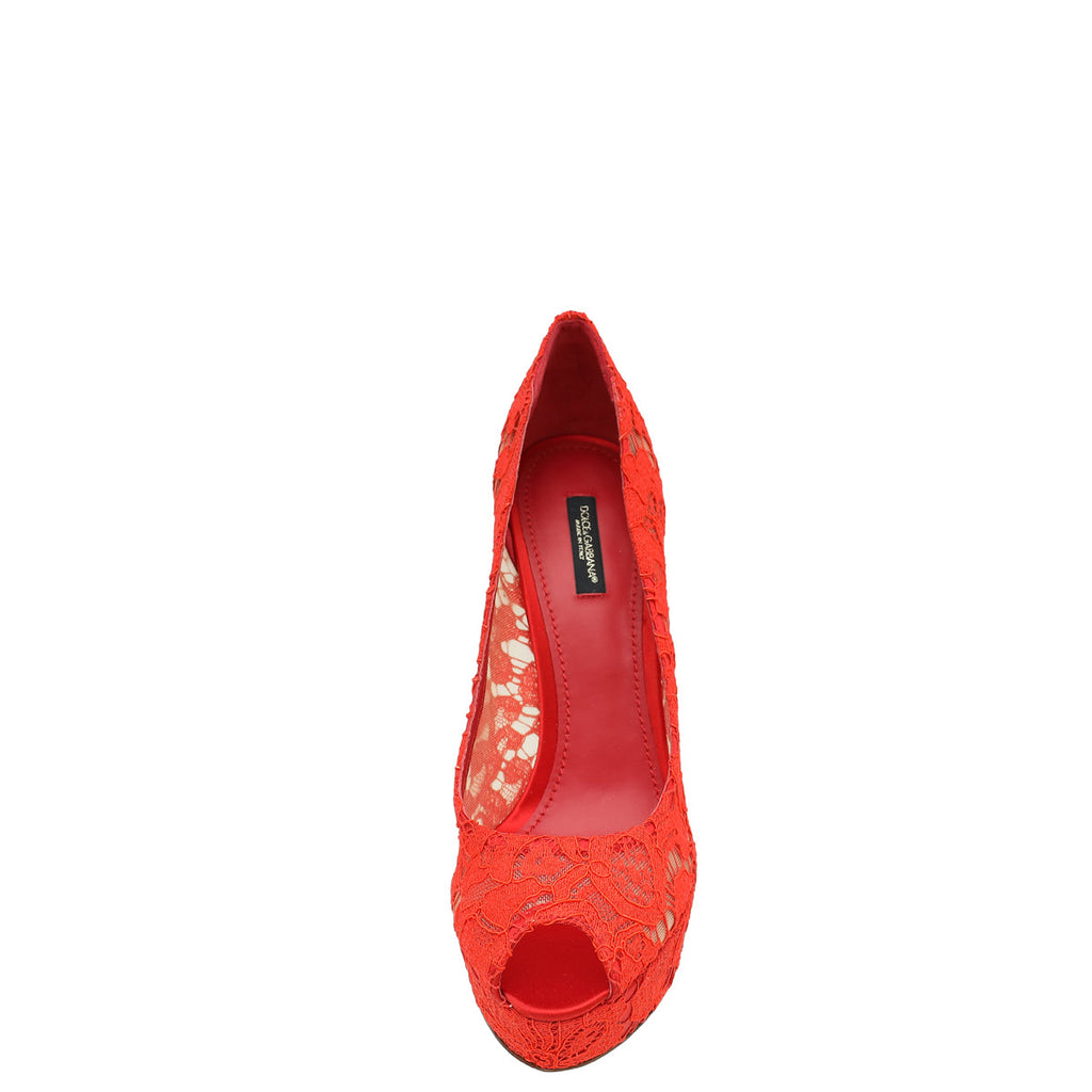 Dolce & Gabbana Red Lace Platform Peep Tote Pumps 41