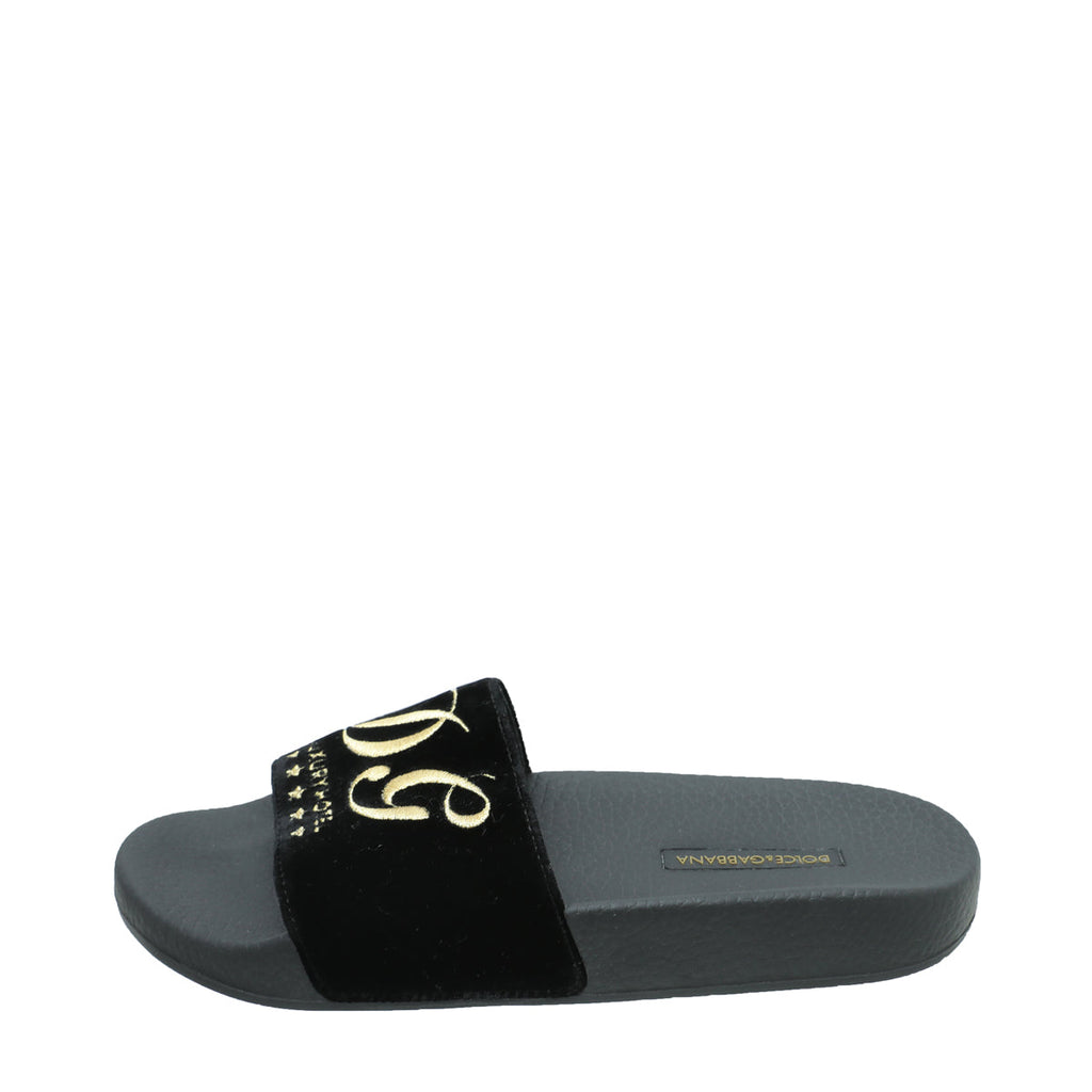 Dolce & Gabbana Black Velvet Luxury Hotel Slide Sandals 36