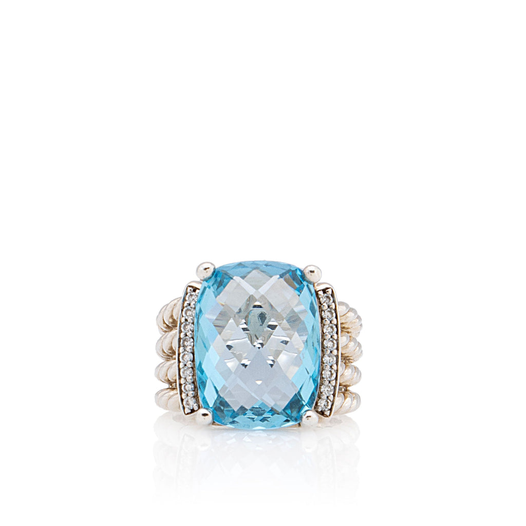 David Yurman Sterling Silver Diamond Blue Topaz 16mm Wheaton Ring - Size 6