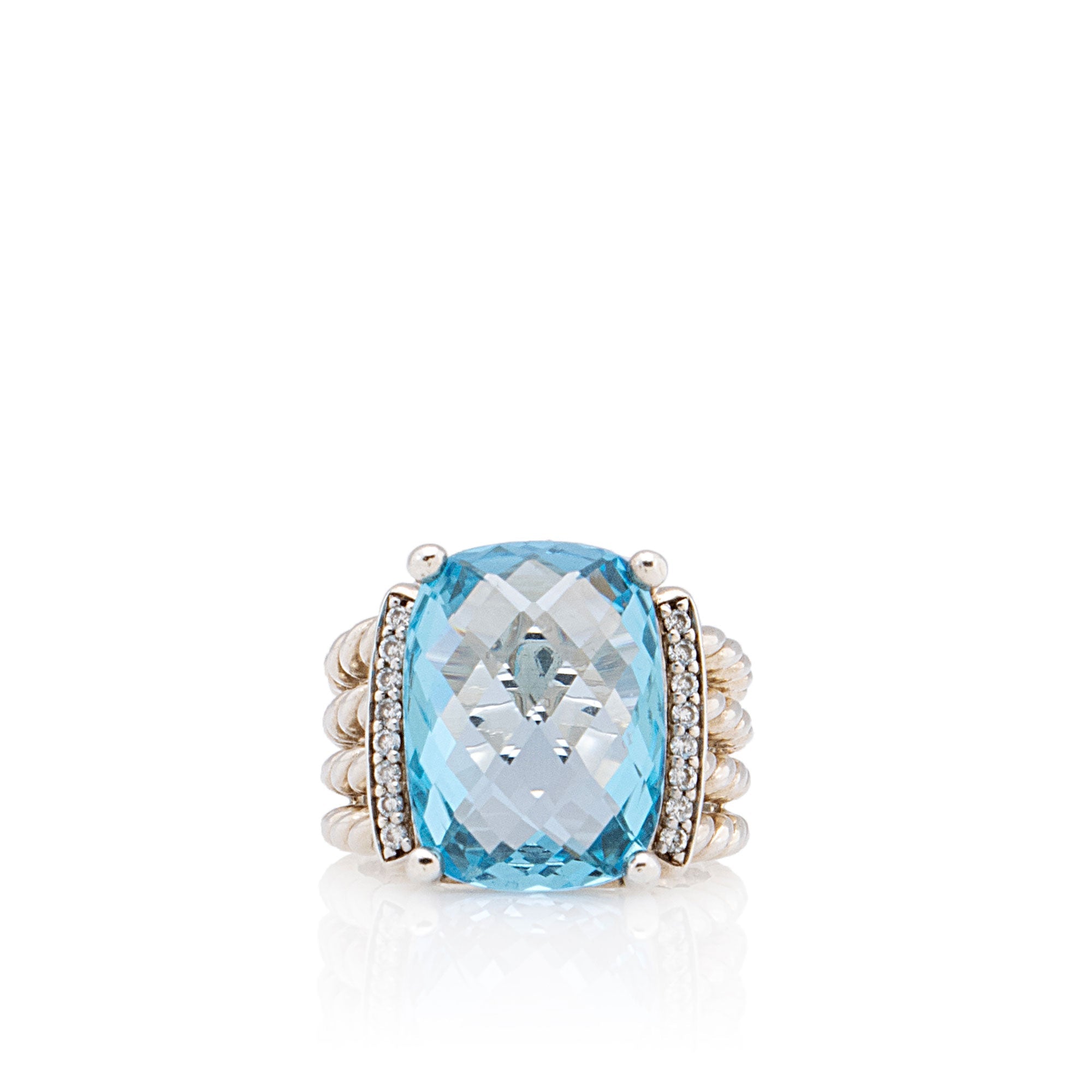 David Yurman Sterling Silver Diamond Blue Topaz 16mm Wheaton Ring - Size 6