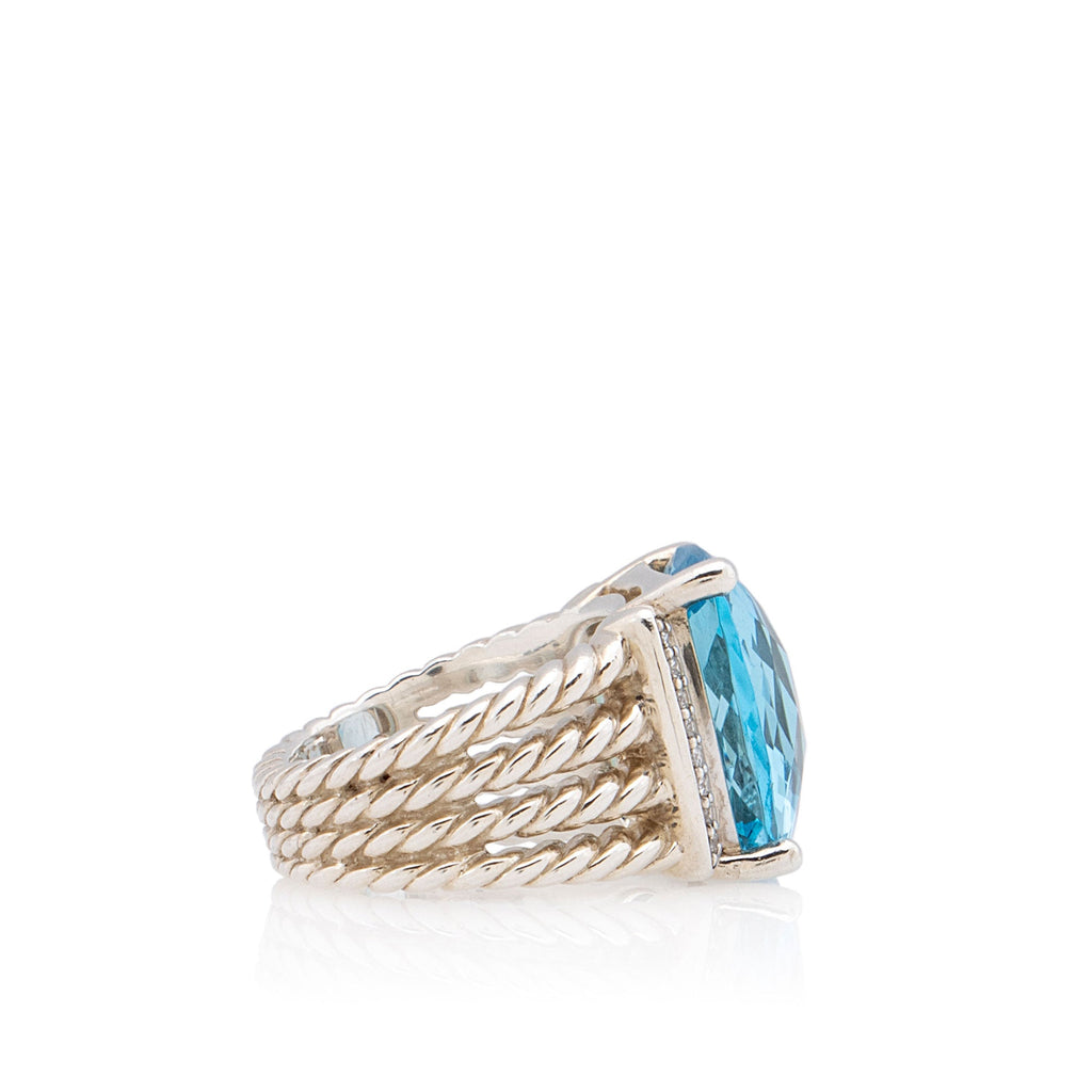 David Yurman Sterling Silver Diamond Blue Topaz 16mm Wheaton Ring - Size 6