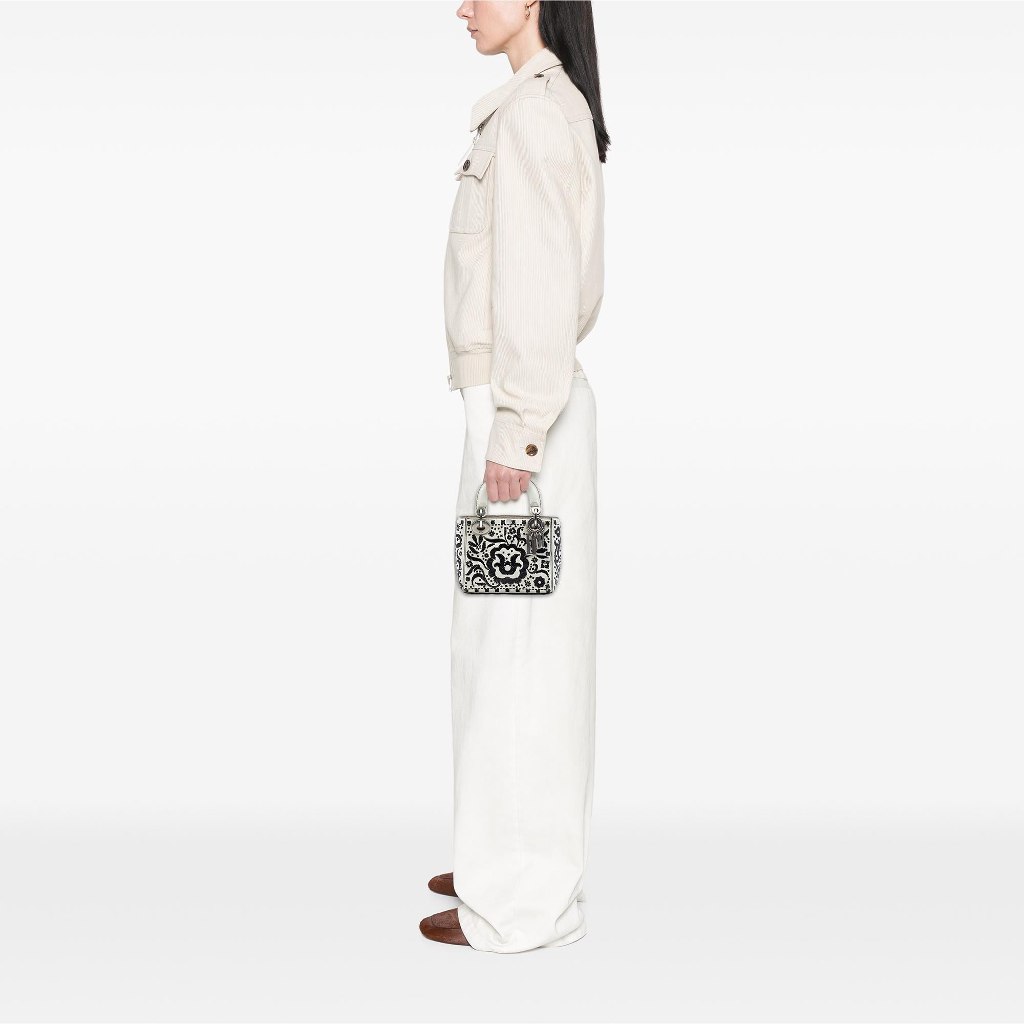 Dior Mini Calfskin Flower Embroidered Lady Dior