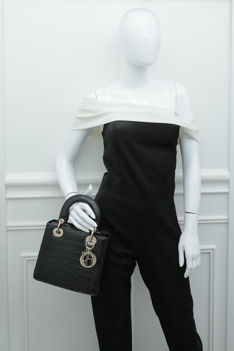 Christian Dior Black Forest Green Lady Dior Alligator Medium Bag