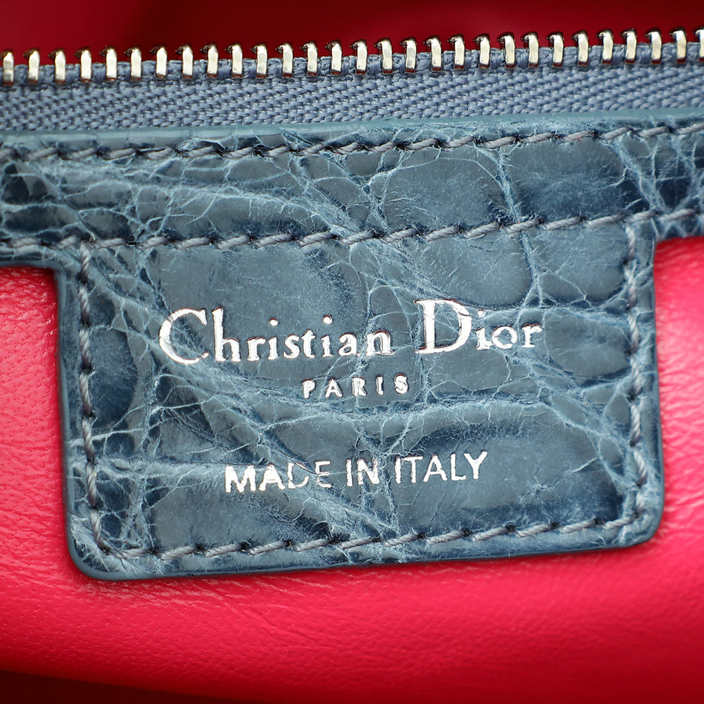 Christian Dior Bicolor Tweed Fringe Crocodile Handle Lady Dior Medium Bag
