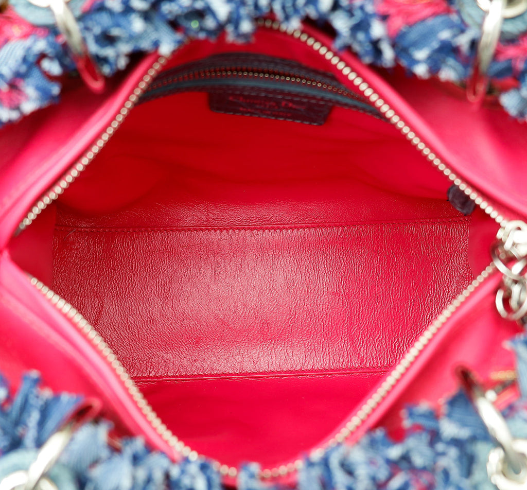 Christian Dior Bicolor Tweed Fringe Crocodile Handle Lady Dior Medium Bag