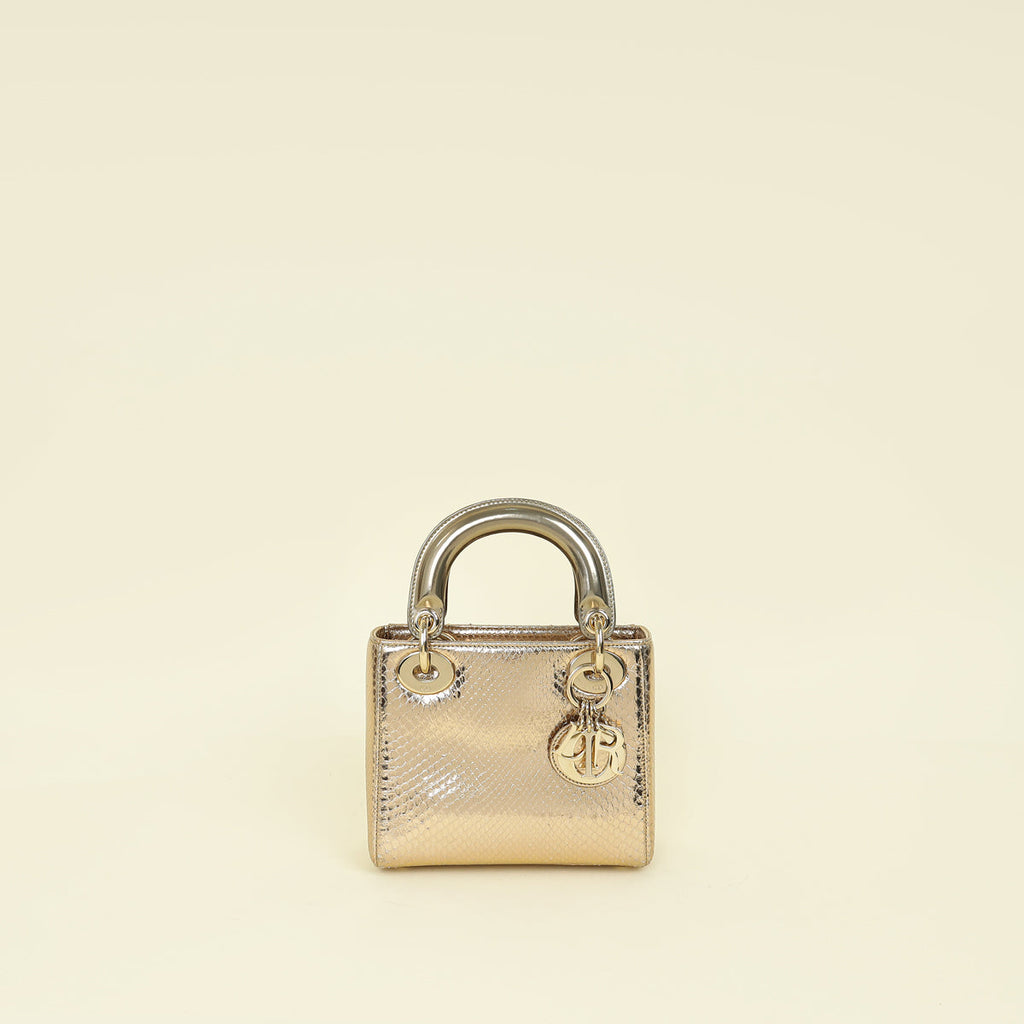 Christian Dior Metallic Champagne Lady Dior Metallic Python Mini Chain Bag