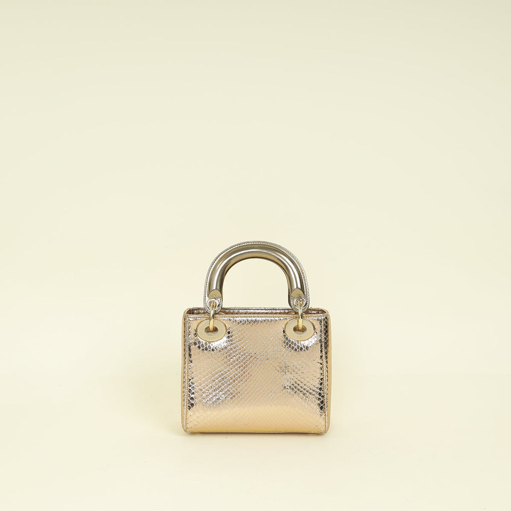 Christian Dior Metallic Champagne Lady Dior Metallic Python Mini Chain Bag
