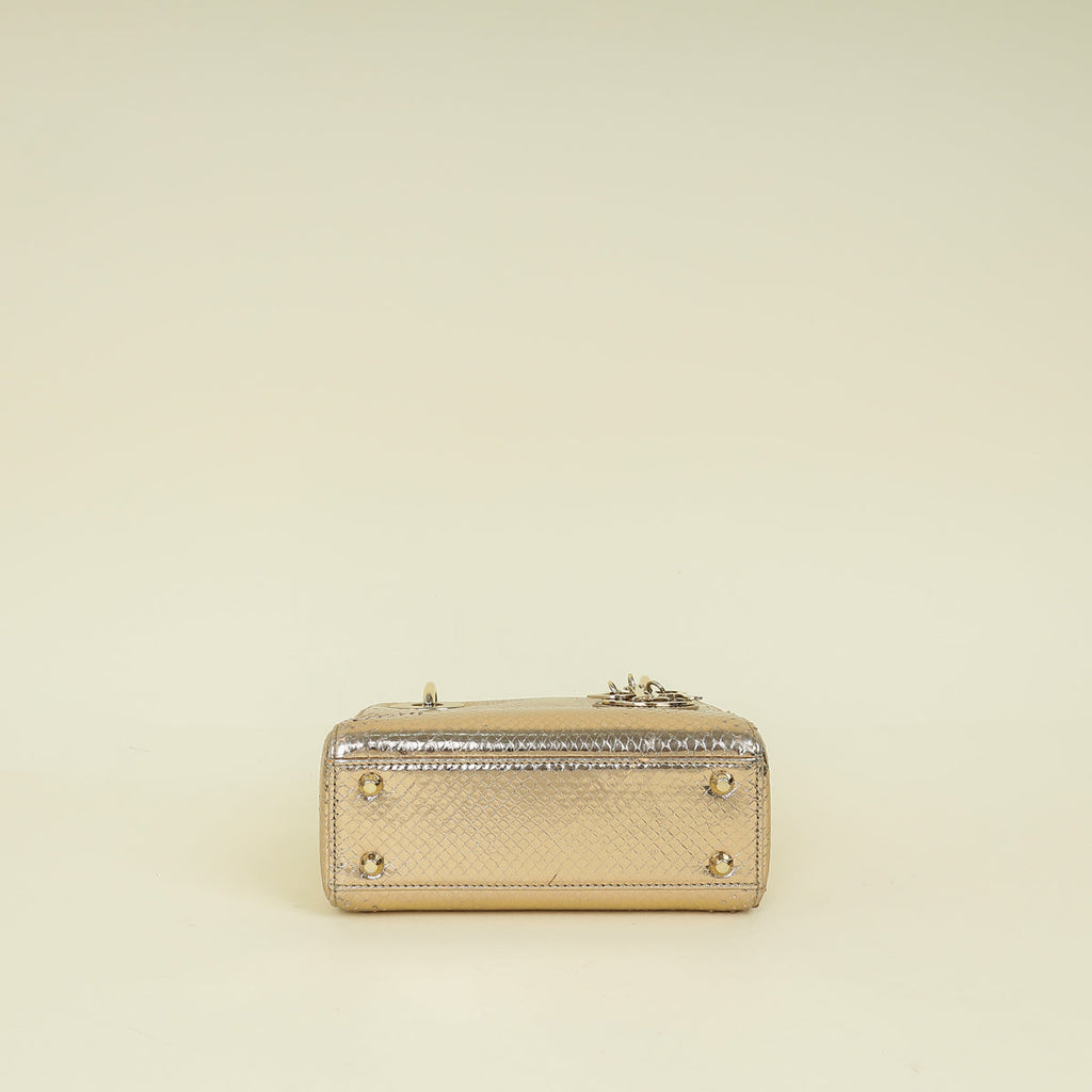 Christian Dior Metallic Champagne Lady Dior Metallic Python Mini Chain Bag