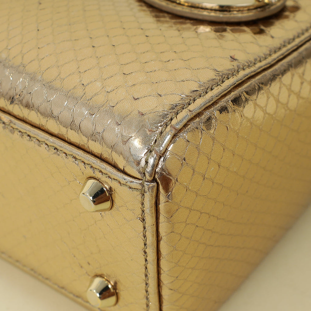 Christian Dior Metallic Champagne Lady Dior Metallic Python Mini Chain Bag