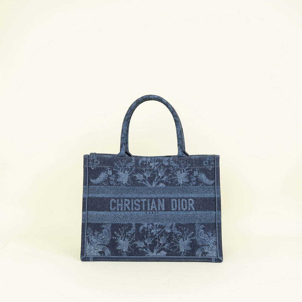 Christian Dior Navy Blue Denim Flowers Embroidered Medium Book Tote Bag