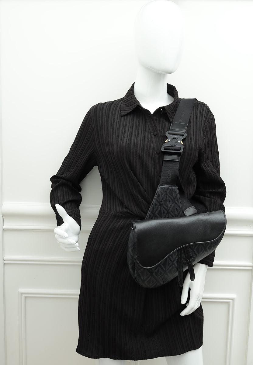 Christian Dior Black CD Diamond Print Saddle Crossbody Bag
