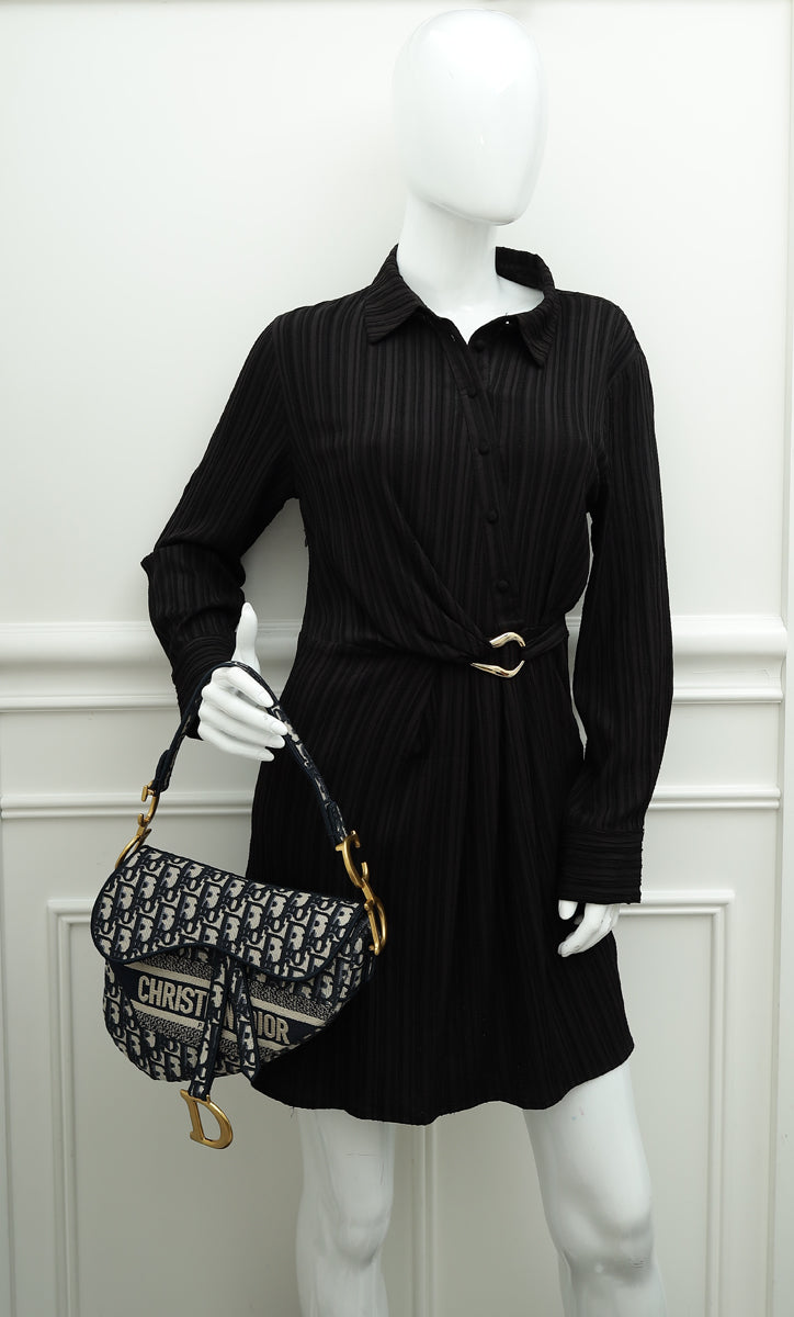 Christian Dior Navy Blue Oblique Saddle Medium Bag