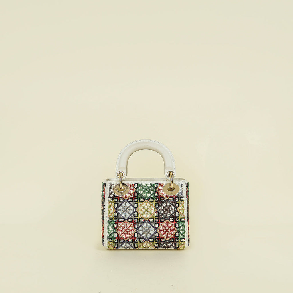Christian Dior Off White Beaded Cannage Chain Mini Lady Dior Bag