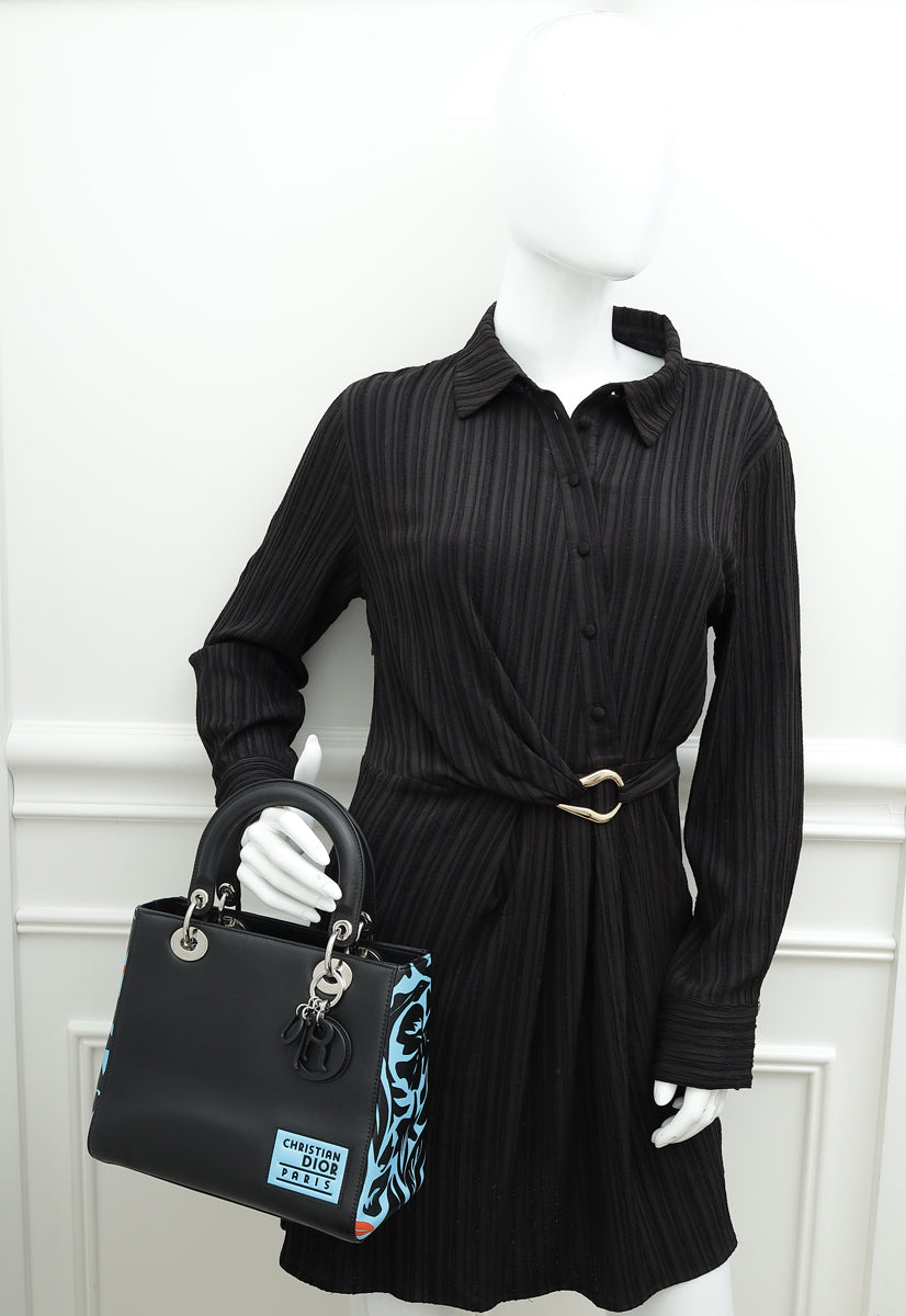Christian Dior Black Multicolor Printed Logo Lady Dior Medium Bag