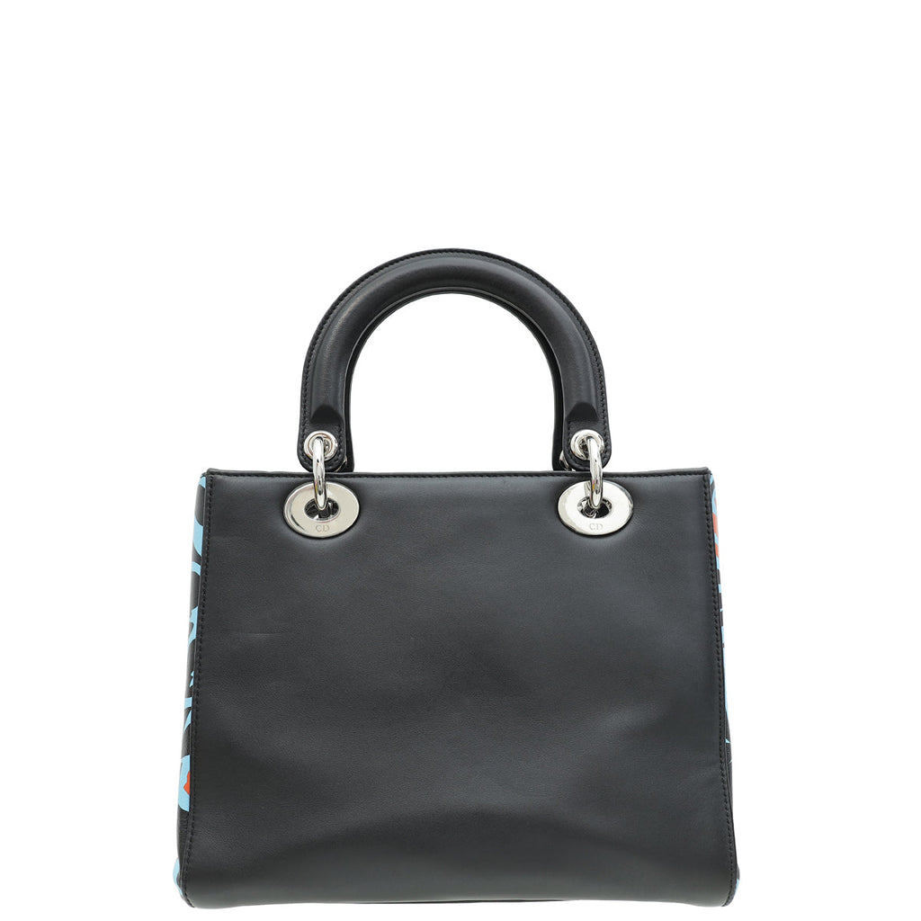 Christian Dior Black Multicolor Printed Logo Lady Dior Medium Bag