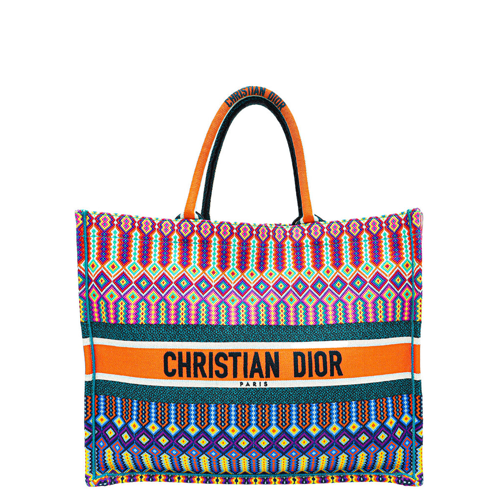 Christian Dior Orange Multicolor Embroidered Book Tote Large Bag