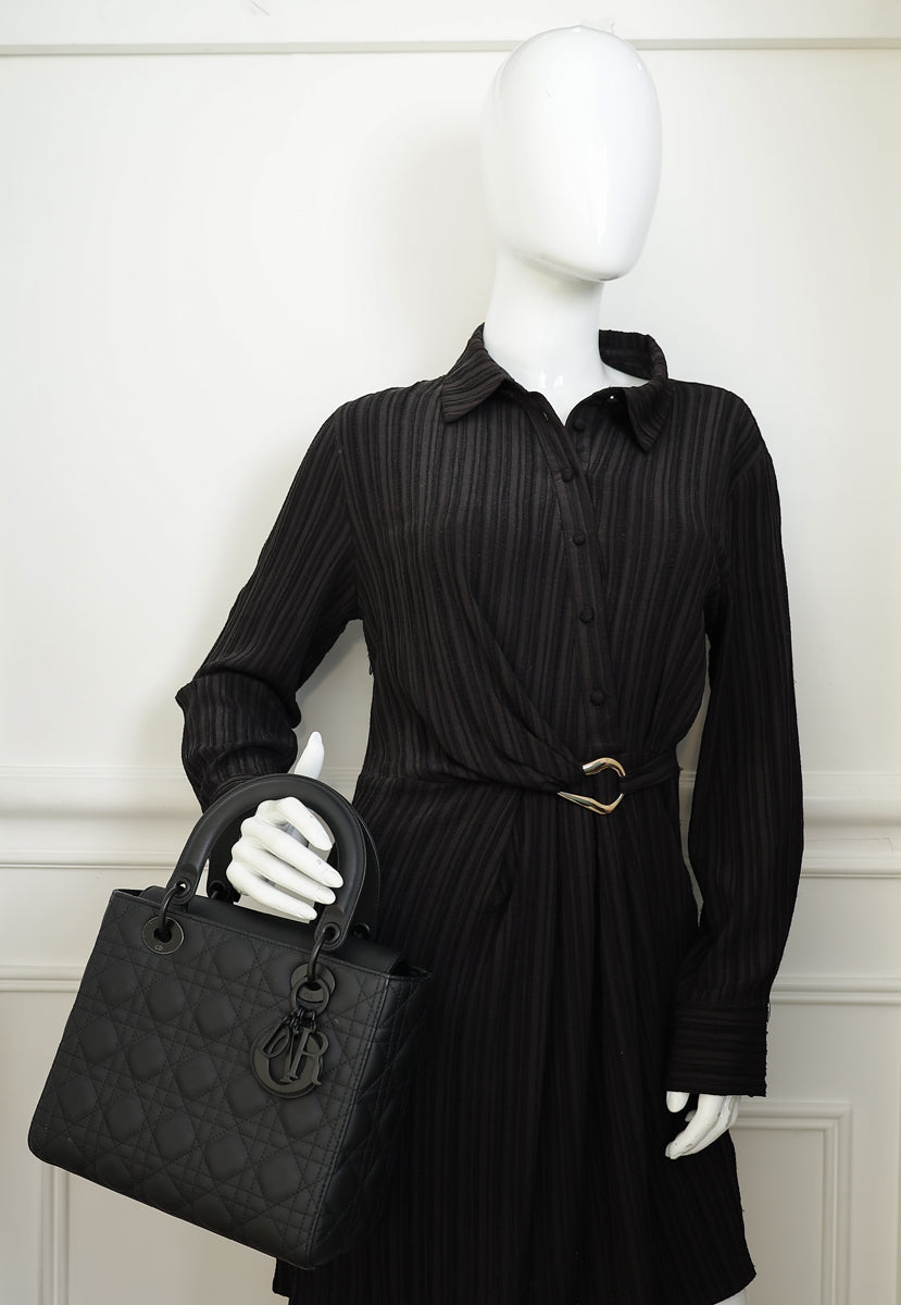 Christian Dior Black Ultramatte Cannage Lady Dior Medium Bag