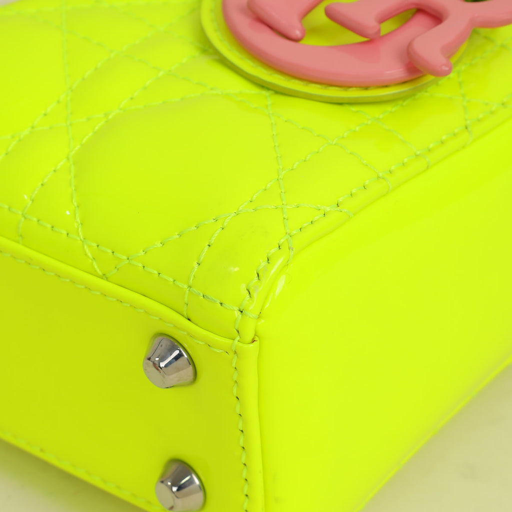 Christian Dior Neon Green Lady Dior Micro with Embroidered Patch Bag