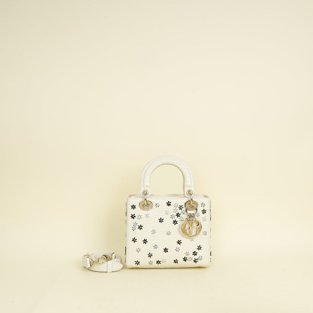 Christian Dior White Lady Dior Matte Alligator Flower Crystal Beads Small Bag