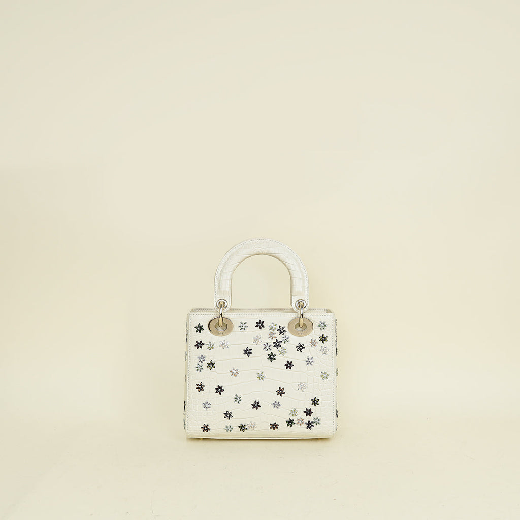 Christian Dior White Lady Dior Matte Alligator Flower Crystal Beads Small Bag