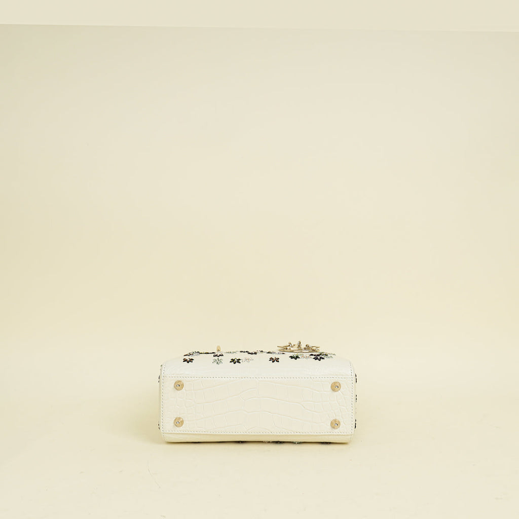 Christian Dior White Lady Dior Matte Alligator Flower Crystal Beads Small Bag