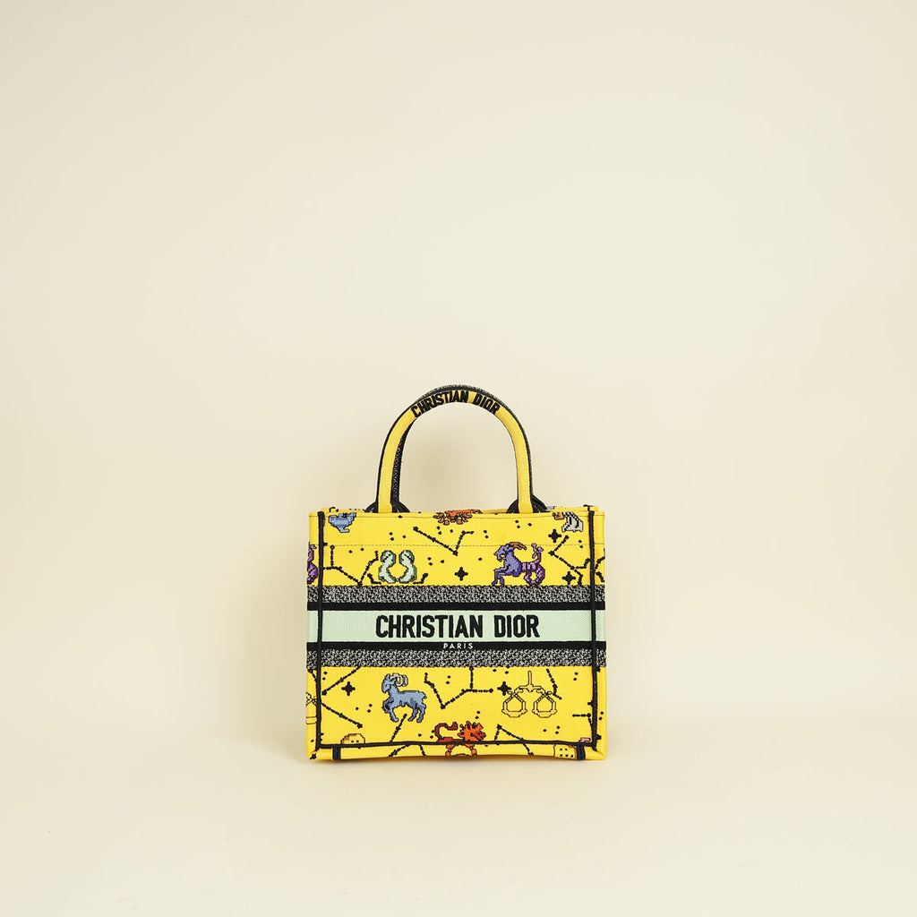 Christian Dior  Yellow Multicolor  Pixel Zodiac Embroidered Book Tote Small Bag