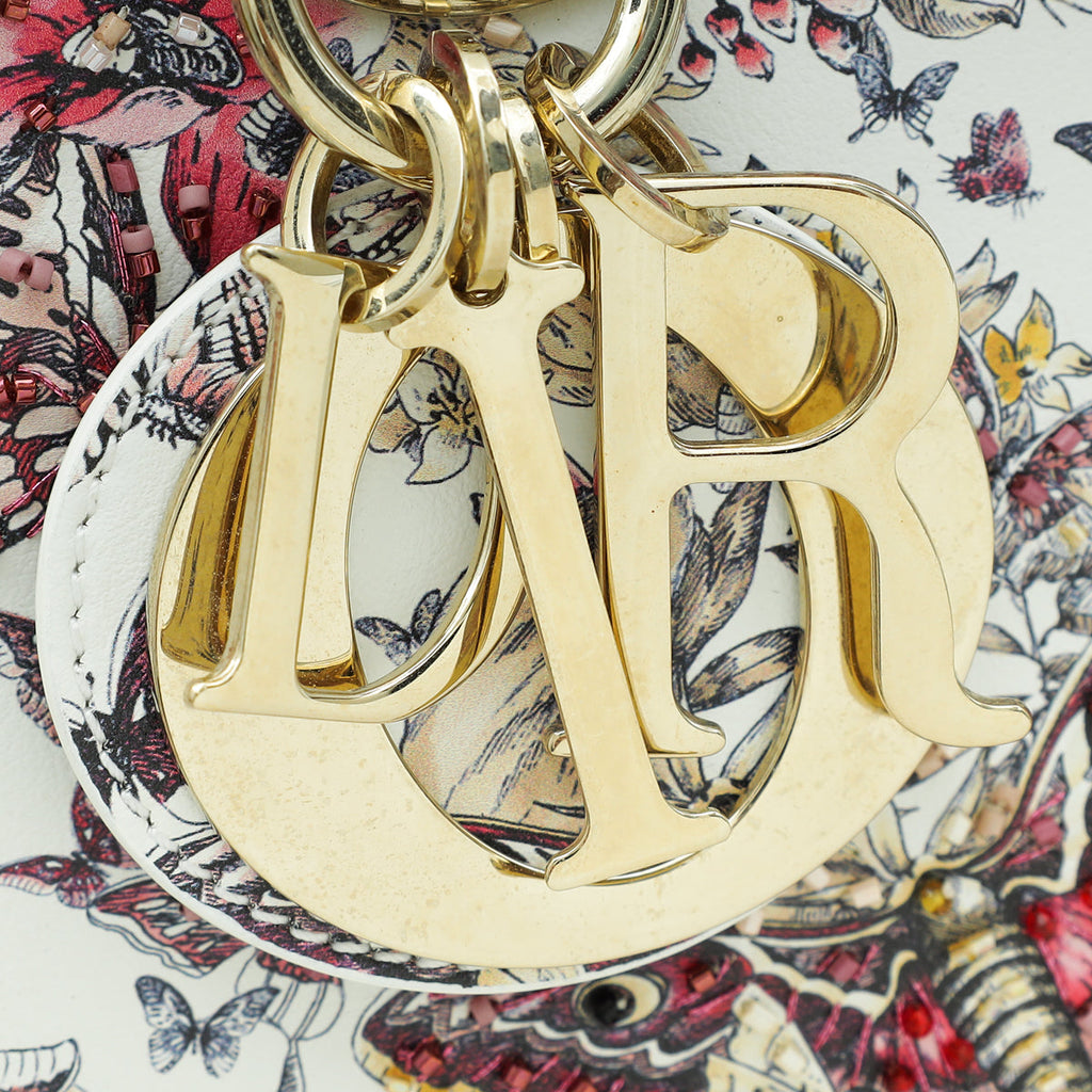 Christian Dior White Multicolor D-Joy Butterfly Printed and Embroidered Medium Bag
