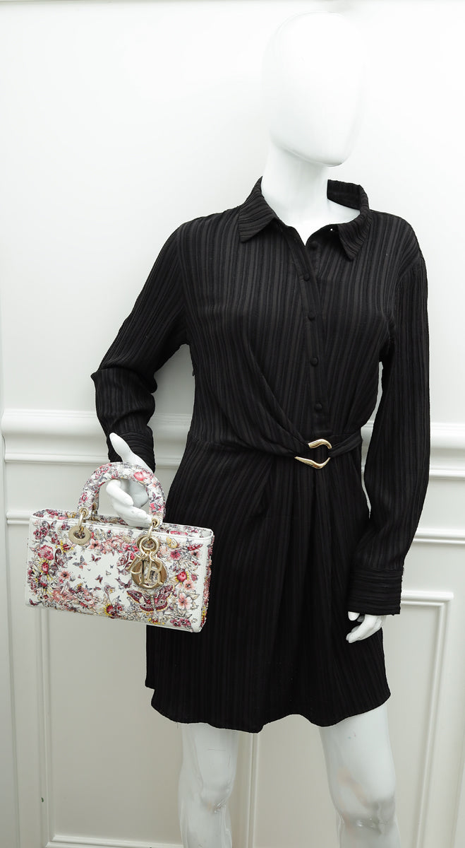Christian Dior White Multicolor D-Joy Butterfly Printed and Embroidered Medium Bag