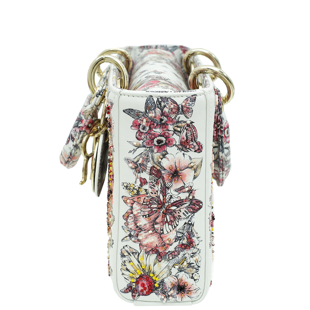 Christian Dior White Multicolor D-Joy Butterfly Printed and Embroidered Medium Bag