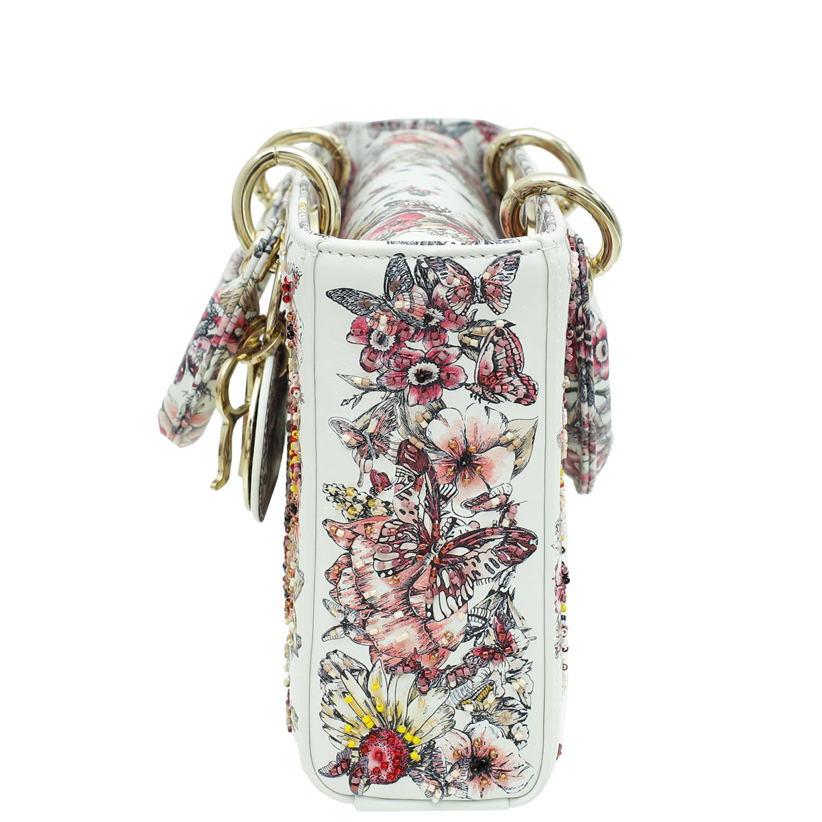 Christian Dior White Multicolor D-Joy Butterfly Printed and Embroidered Medium Bag