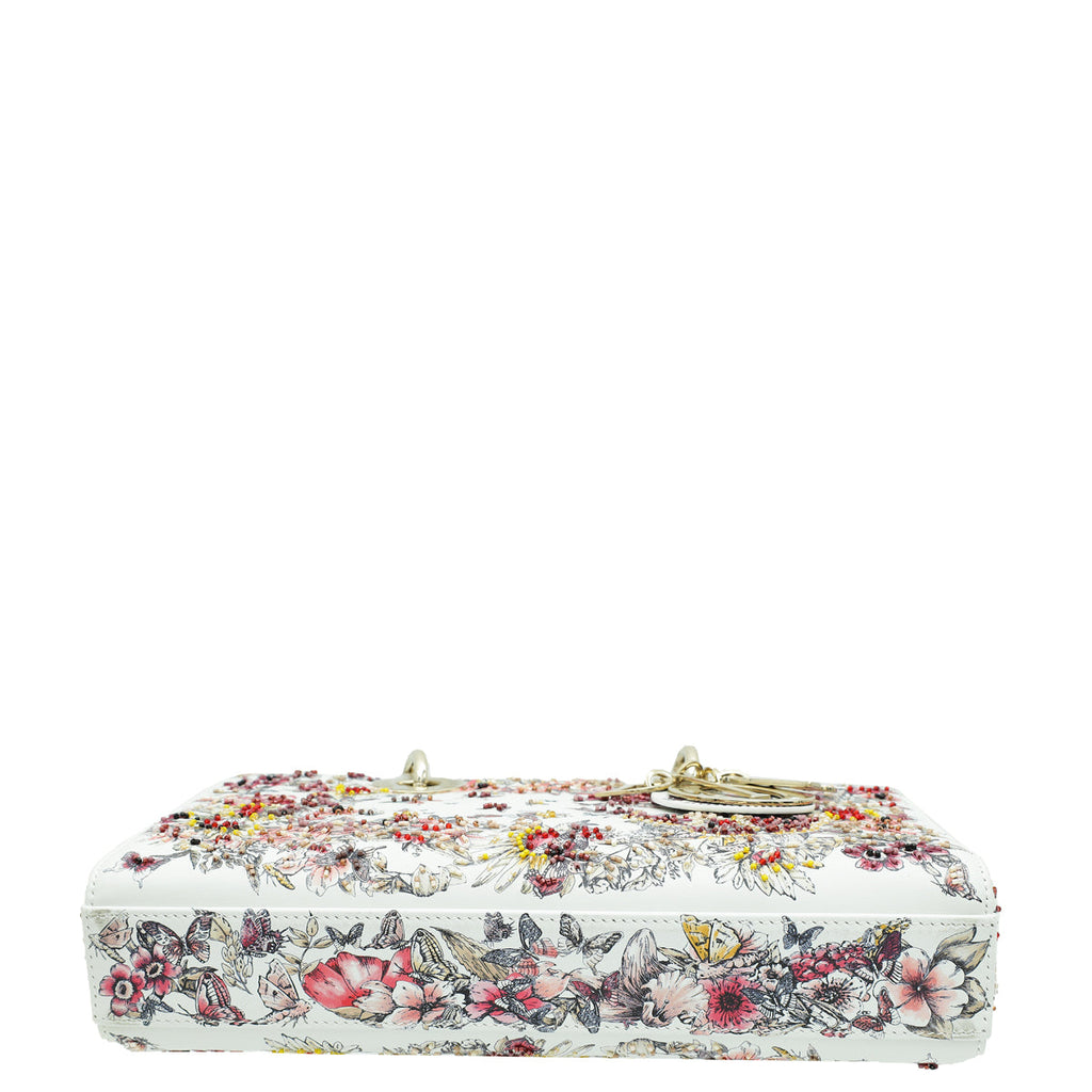 Christian Dior White Multicolor D-Joy Butterfly Printed and Embroidered Medium Bag