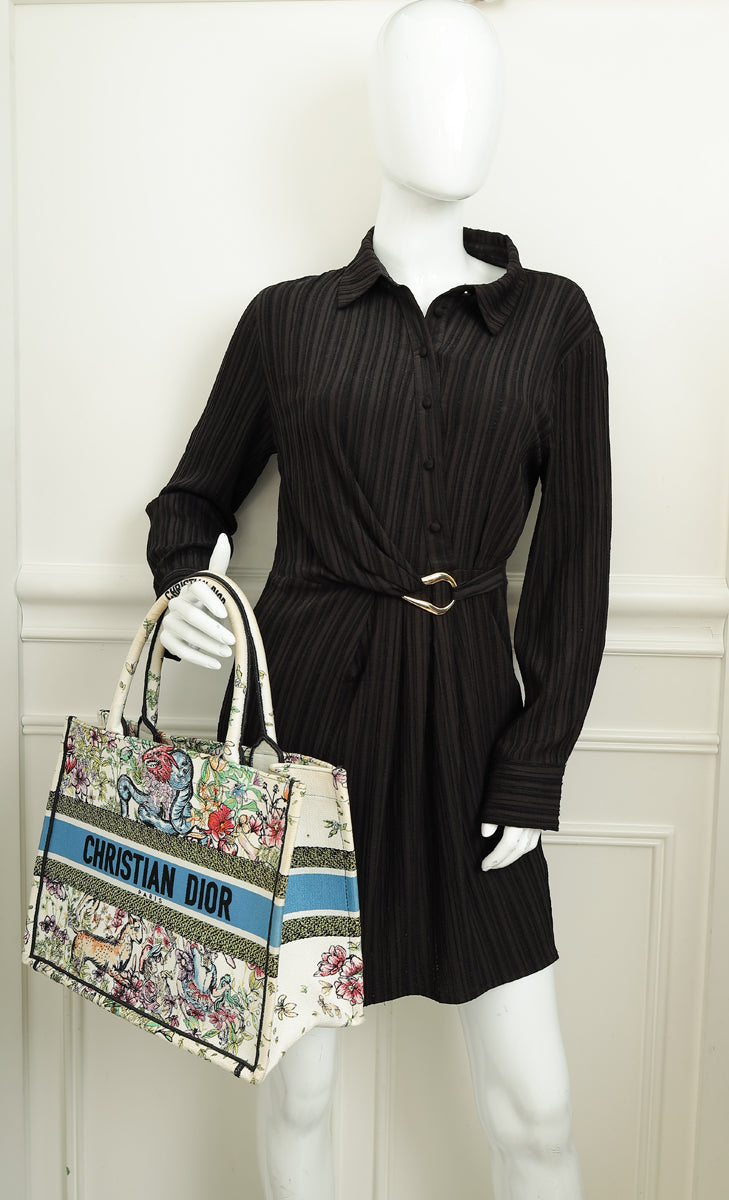Christian Dior White Multicolor D-Constellation Embroidery Book Medium Tote Bag