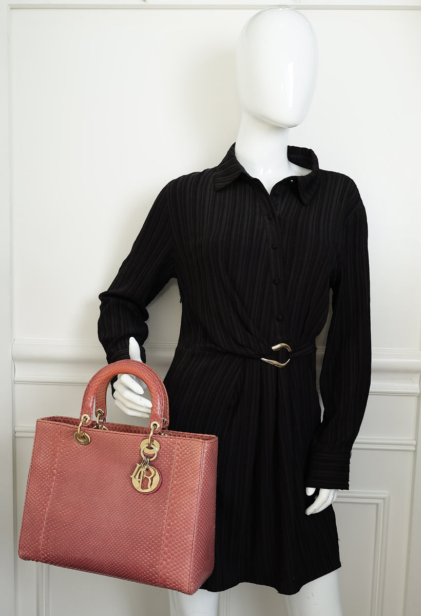Christian Dior Mauve Pink Snakeskin Lady Dior Large Bag