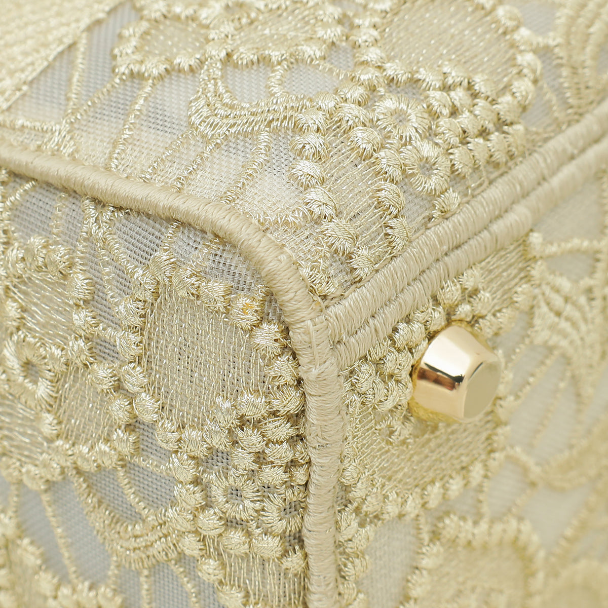 Christian Dior Gold Lady D-Lite Lace Embroidery With Macramé Effect Medium Bag