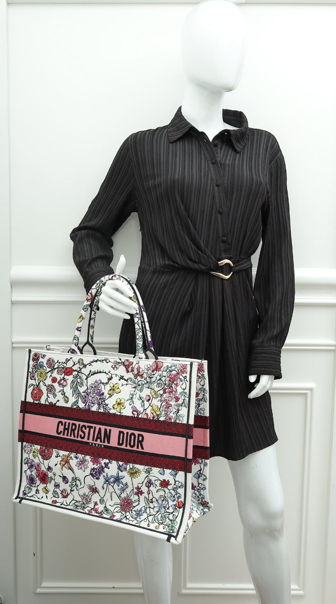 Christian Dior White Multicolor Florilegio Embroidered Book Tote Large Bag