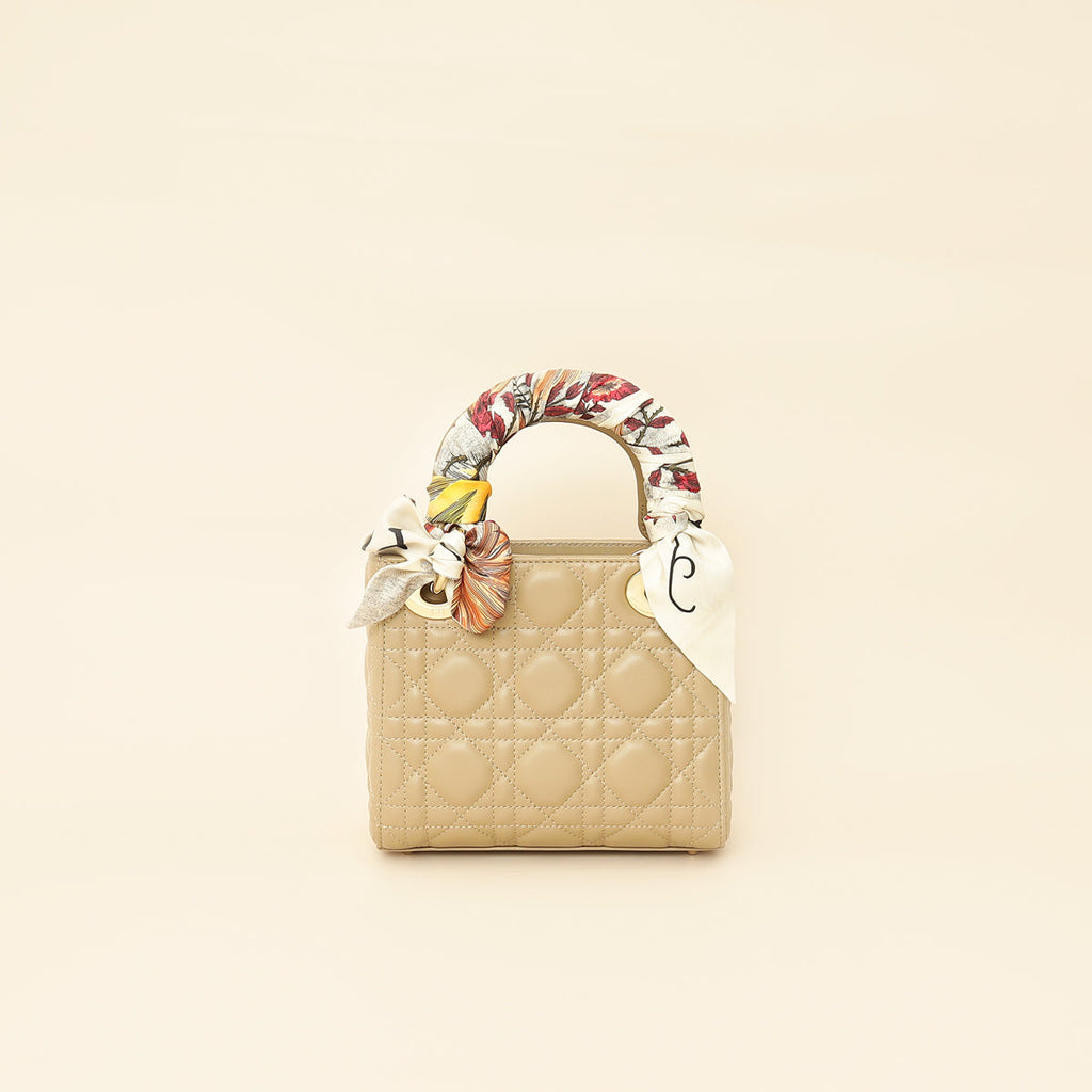 Christian Dior Dark Beige Mini Chain Lady Dior Bag w/ Twilly