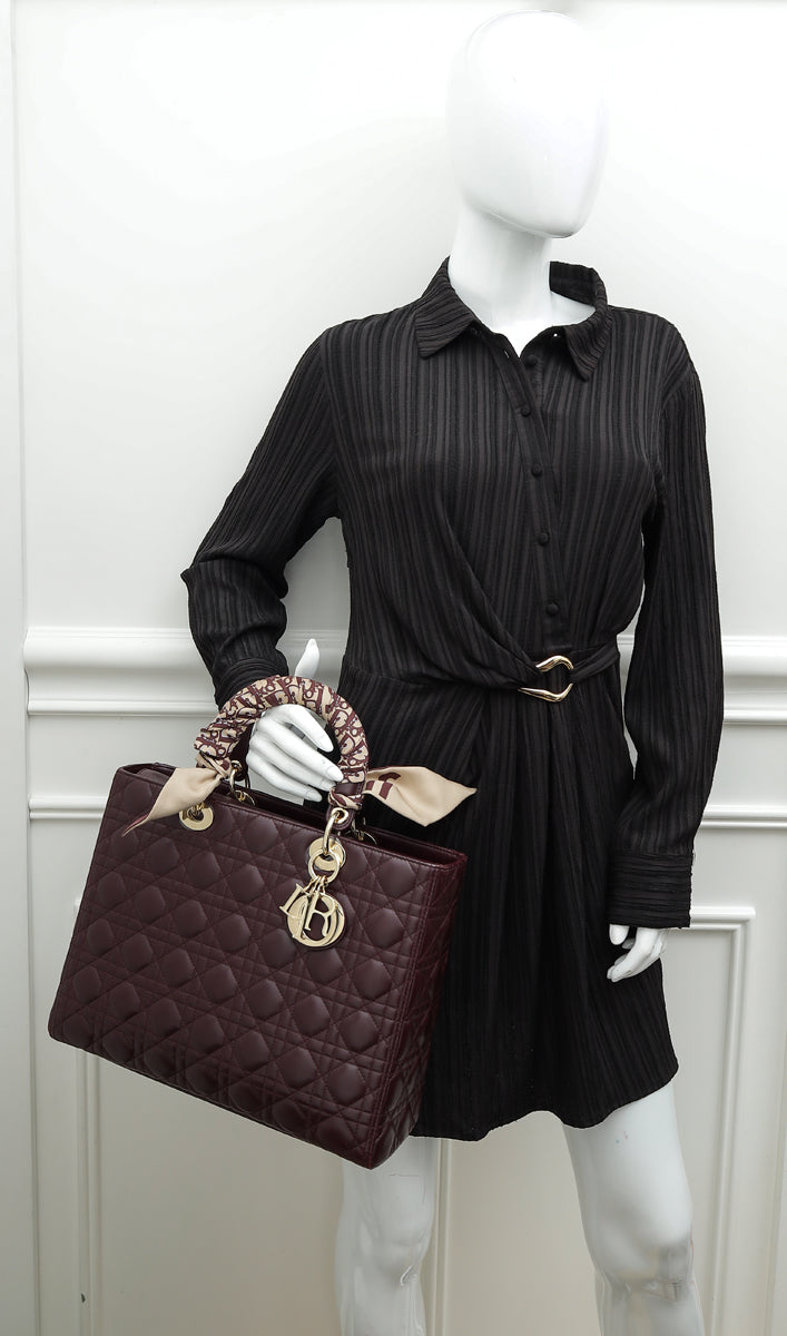 Christian Dior Burgundy Lady Dior Large Bag W/ Twilly