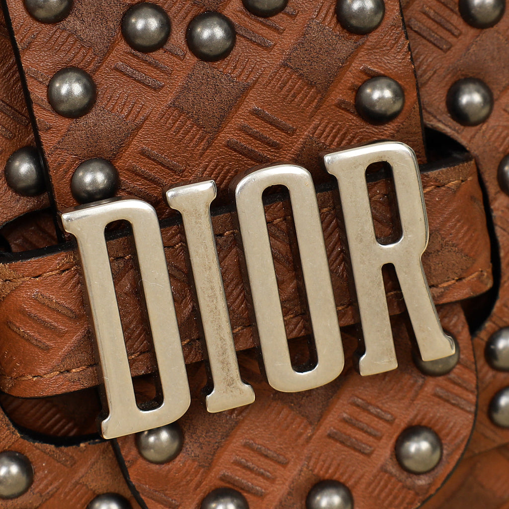 Christian Dior Brown Cannage Embossed Studded D-Fence Saddle Bag