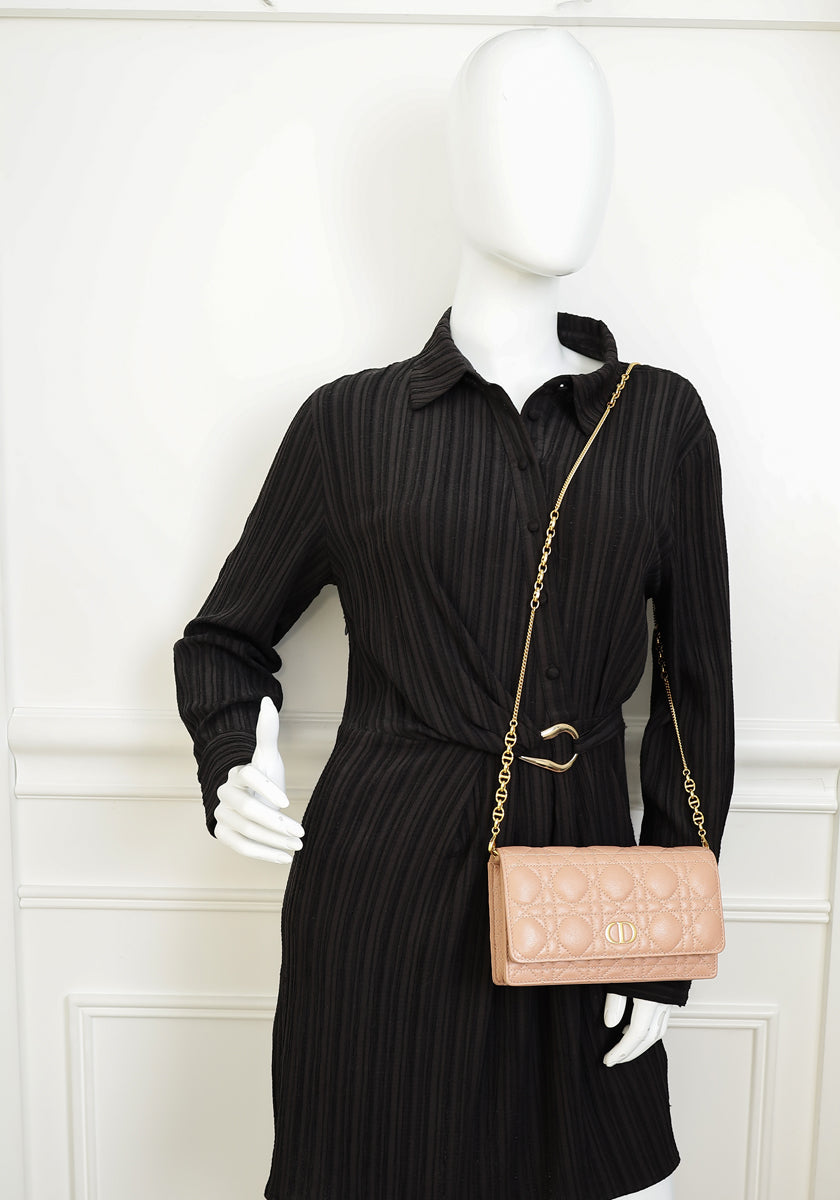 Christian Dior Rose De Vents Caro Cannage Pouch With Chain