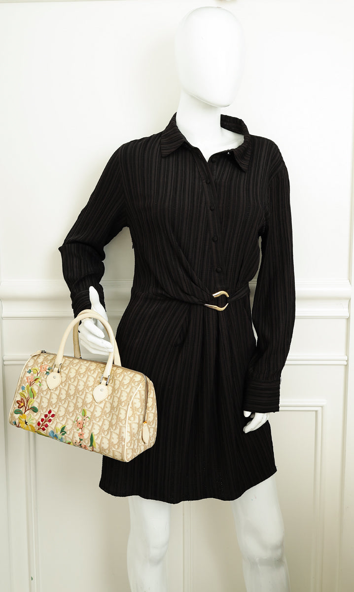 Christian Dior Beige Oblique Floral Boston Bag