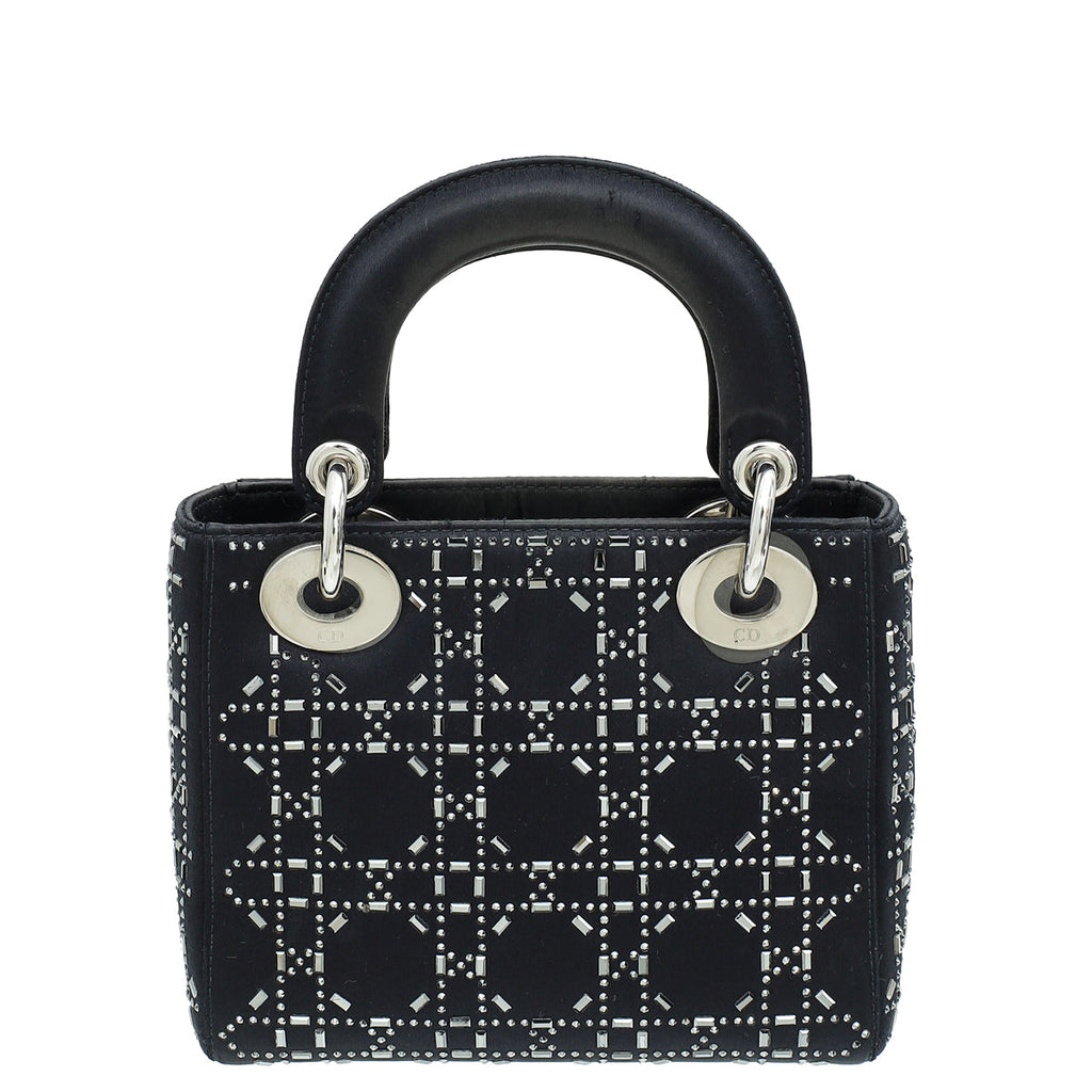 Christian Dior Black Cannage Satin Lady Dior Mini Strass Bag