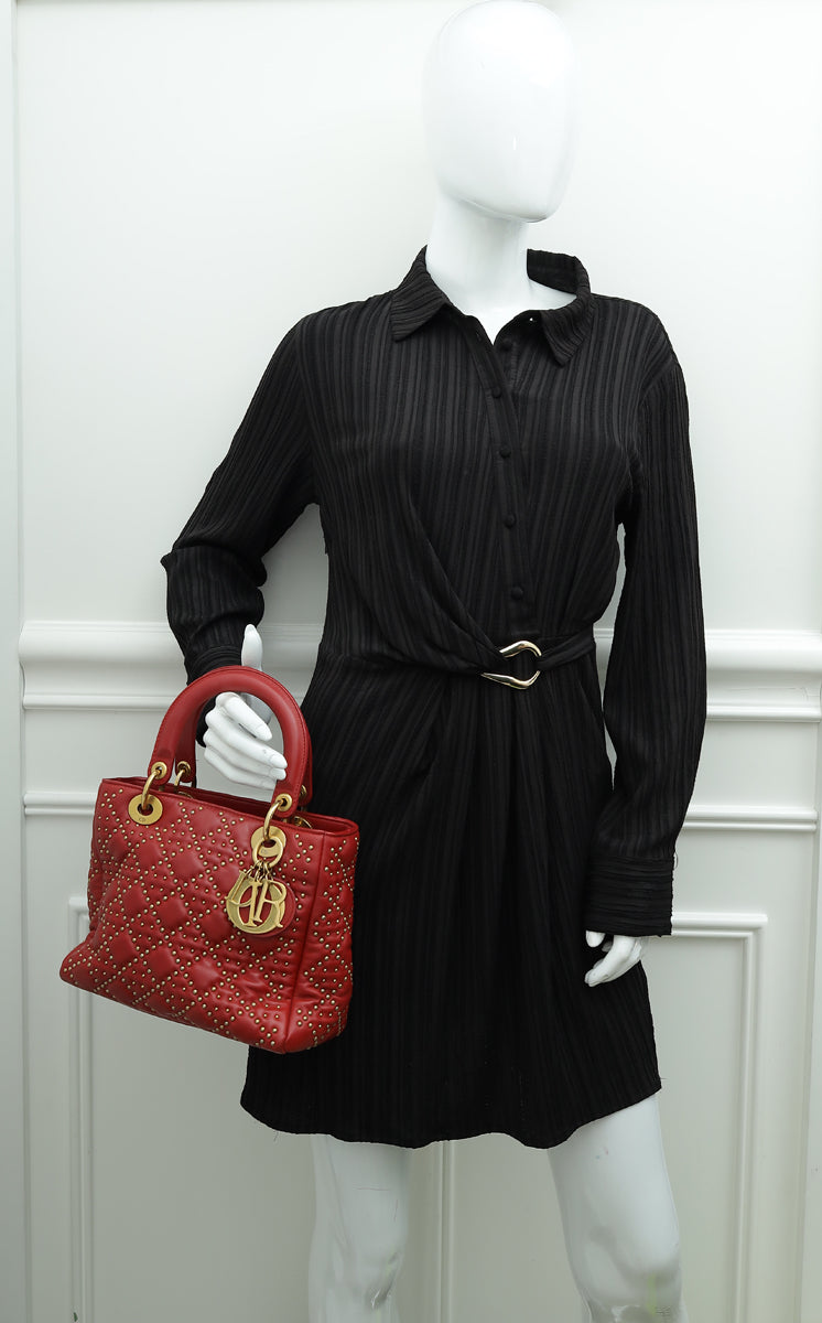 Christian Dior Red Lady Dior Studded Supple Medium Bag