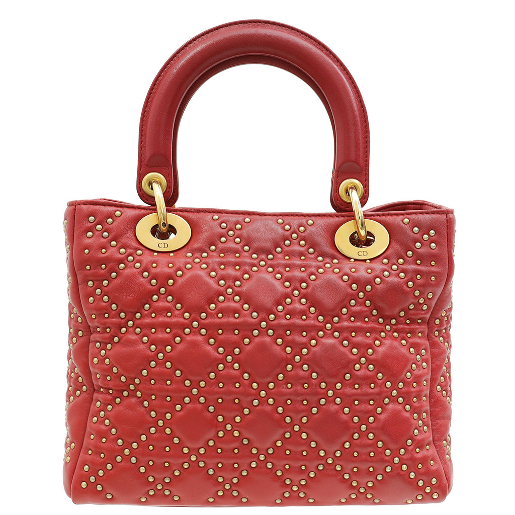 Christian Dior Red Lady Dior Studded Supple Medium Bag