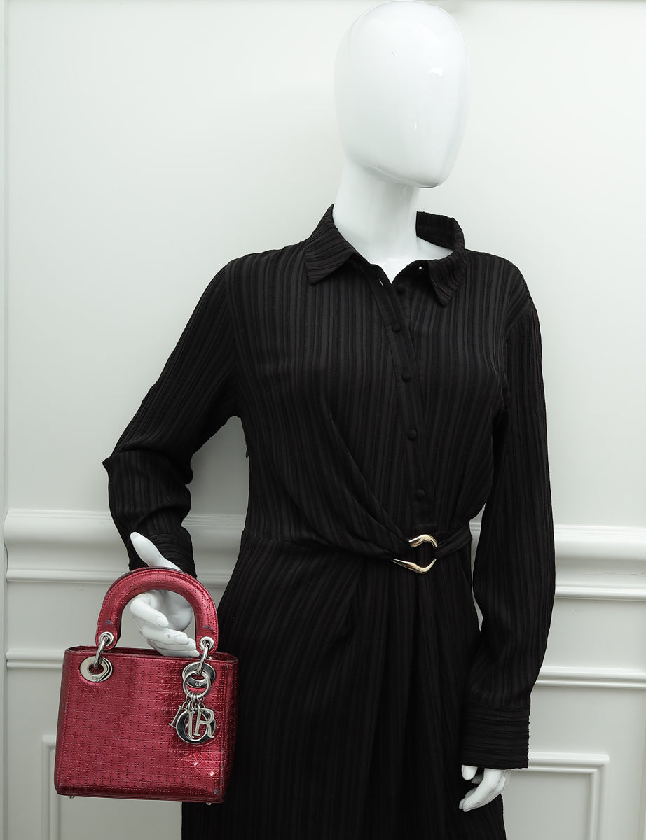 Christian Dior Metallic Fuchsia Lady Dior Microcannage Mini Strap Bag