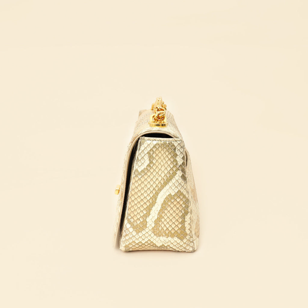 Christian Dior Metallic Golden Beige Python Caro Flap Medium Shoulder Bag